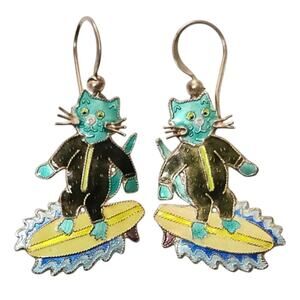 Vintage Zarah Sterling Silver Enamel "Surfing Cat" Earrings